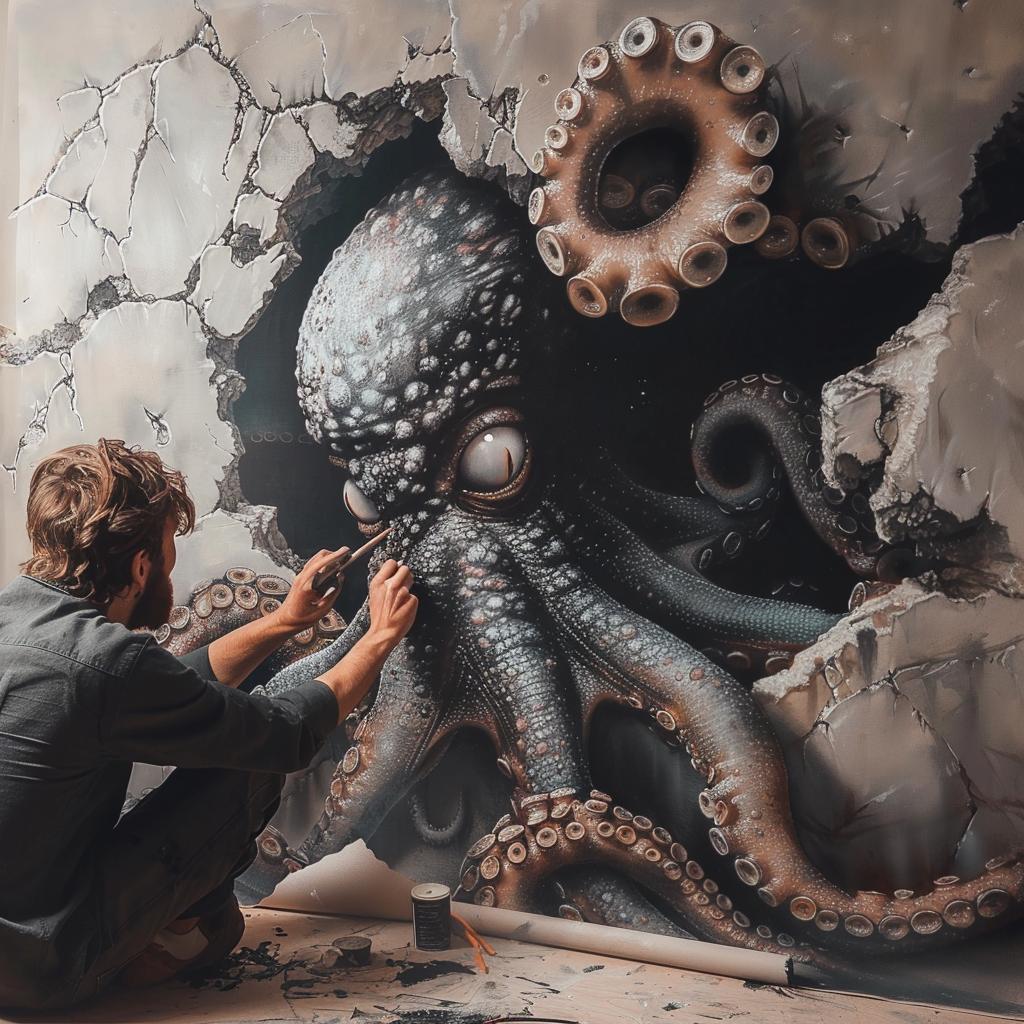 surreal  album  cover  hyper-realistic  screenprinting  man  octopus  painting  wall  Odeith 960308
