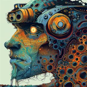 رسم رقمي لرجل يرتدي تروسًا، رسم توضيحي، سريالية، فن حديث، ذهبي، نيلي، أزرق مخضر، 1076409