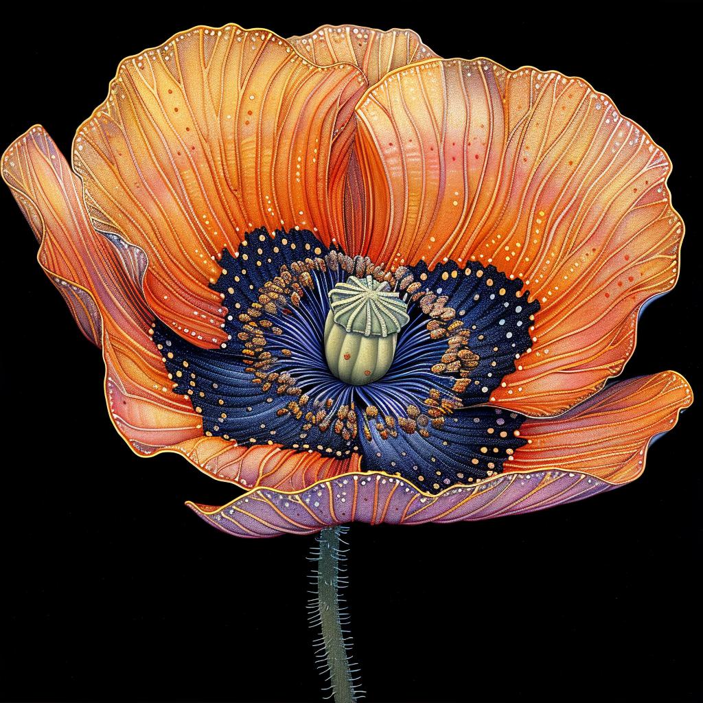 botanical  illustration  poppy  flower  Ernst  Haeckel  orange  blue  yellow  petals 960135