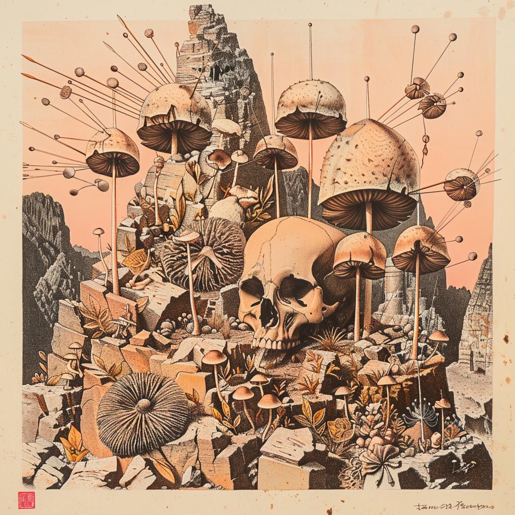 mushrooms  skull  spores  plants  flowers  villagers  spears  Japanese  intertwined  cluster 1036265
