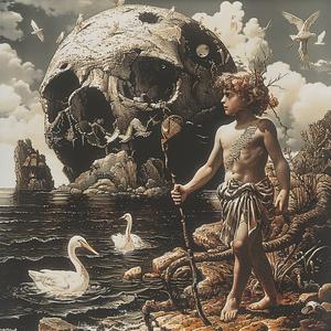chromolithography  boy  skull  bird  shore  landscape  nature  symbolic  artwork  shoreline 1056018