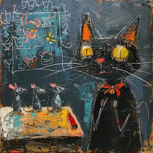 لوحة رسمها باسكيات لقطط، طوق أسود، رسم حيواني، أسلوب فني، شخصية، رقم 1077256