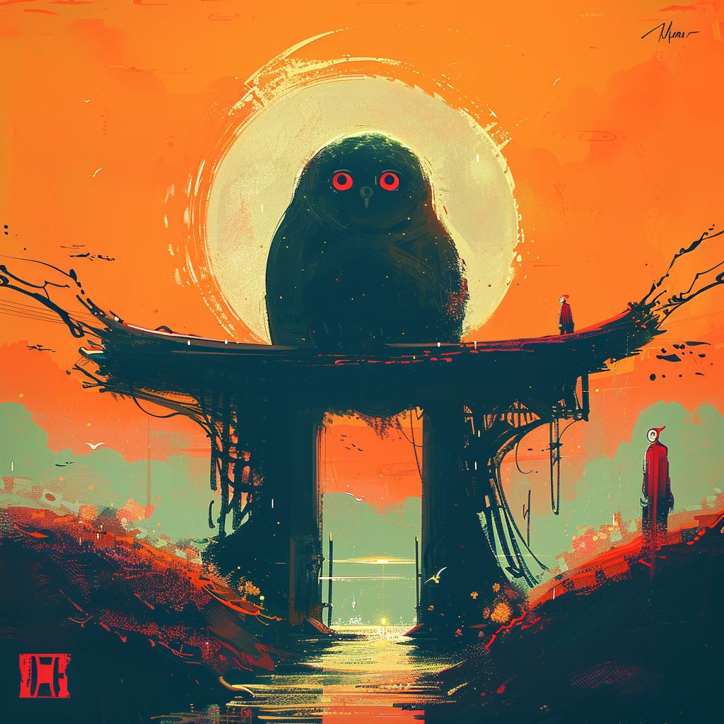 owl  bridge  sunset  Japanese  symbolic  naturalistic  bold  dark  spiritual  serene 941507