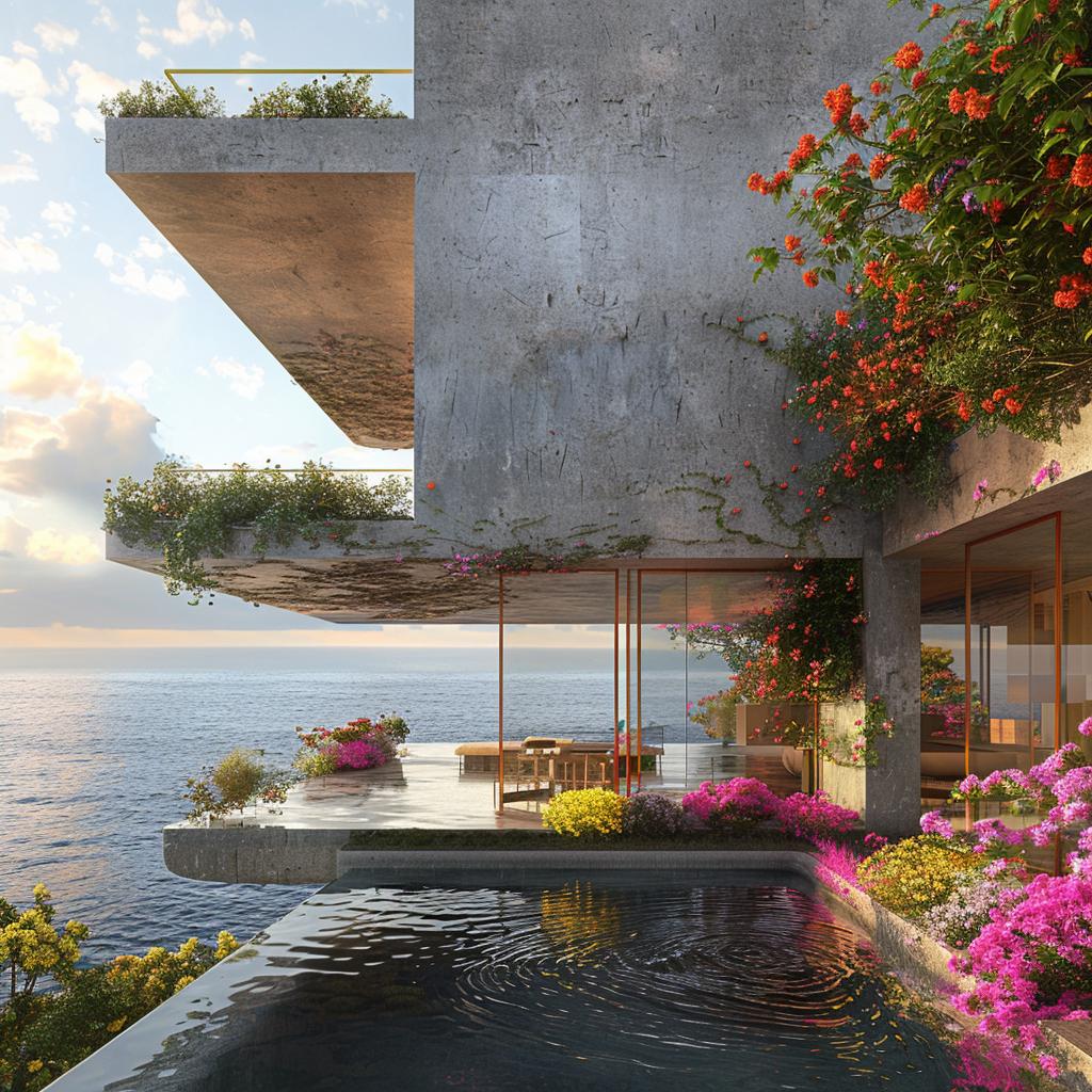 architecture  rendering  ocean  flowers  LeCorbusier  colorful  design  modern  landscape  home 1036373