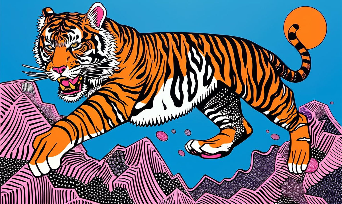 tiger  running  blue  background  dynamic  animal  art  stylized  vivid  illustration 1021956