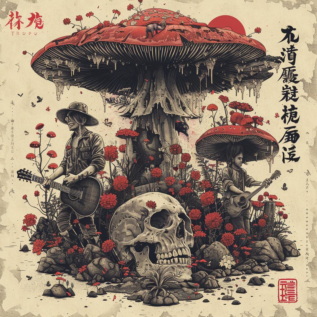 mushrooms  skull  album  poster  art  guitars  Japanese  drawing  intertwined  illustration 1036311