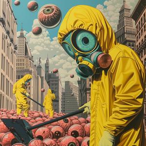chromolithography  hazmat  worker  eyeballs  shovel  gasmask  yellow  suit  NYC  dark 1039723