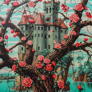 castle  tree  pink  flowers  chromolithography  landscape  fantasy  art  colorful  whimsical 1037837