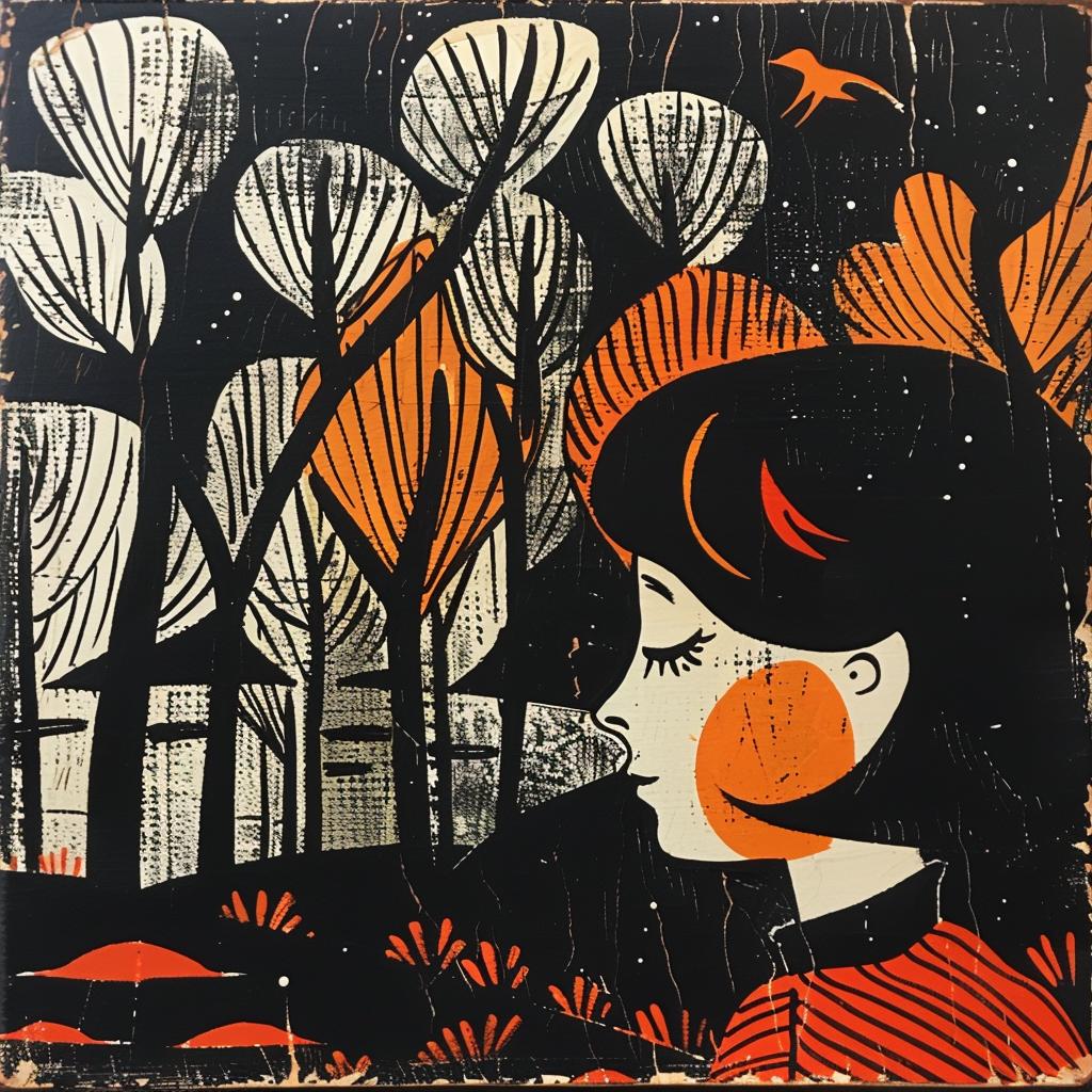 painting  girl  woods  trees  orange  black  art  nature  style  whimsical 926957