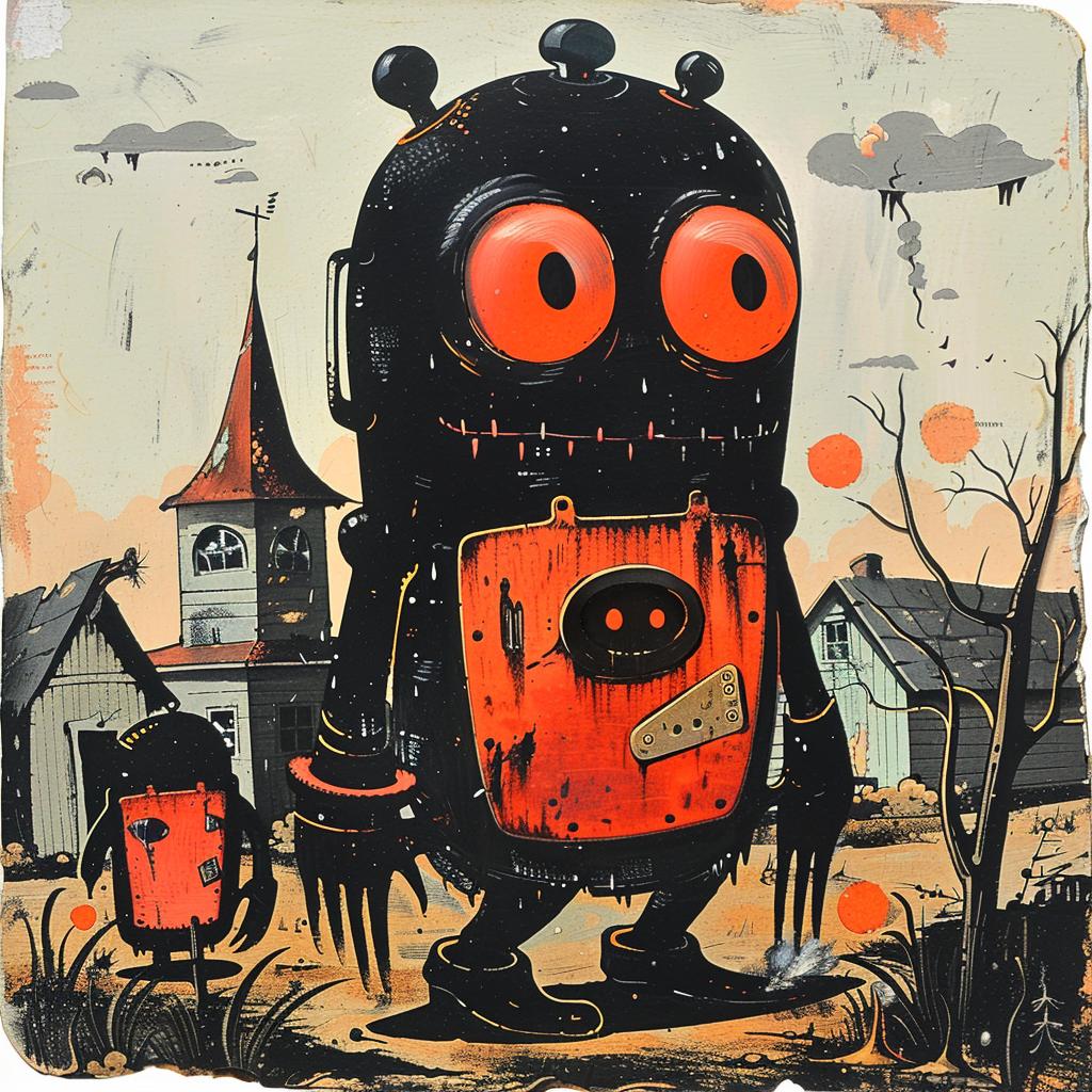 robot  orange  eyes  red  hat  painting  fantasy  surreal  character  whimsical 930571