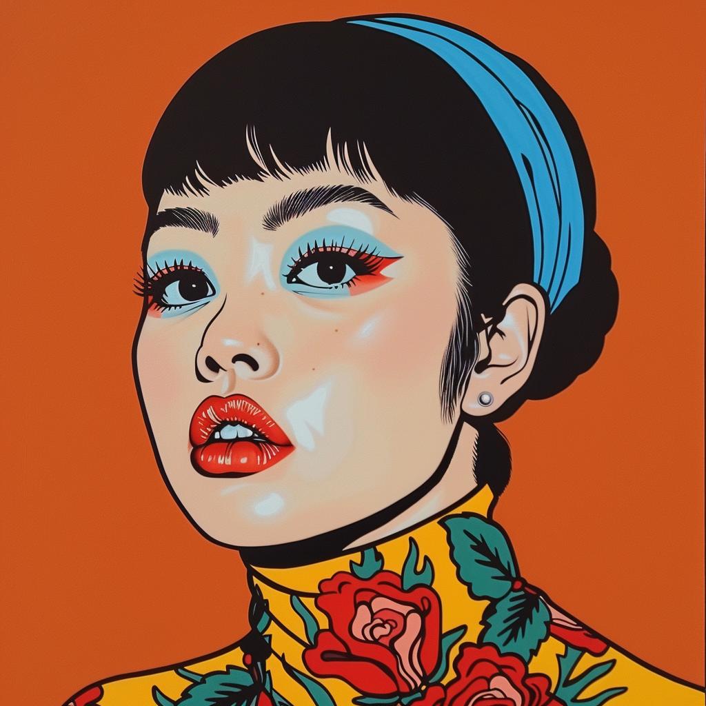 woman  asian-american  blue  eyes  floral  top  portrait  painting  artistic  stylized 1024225