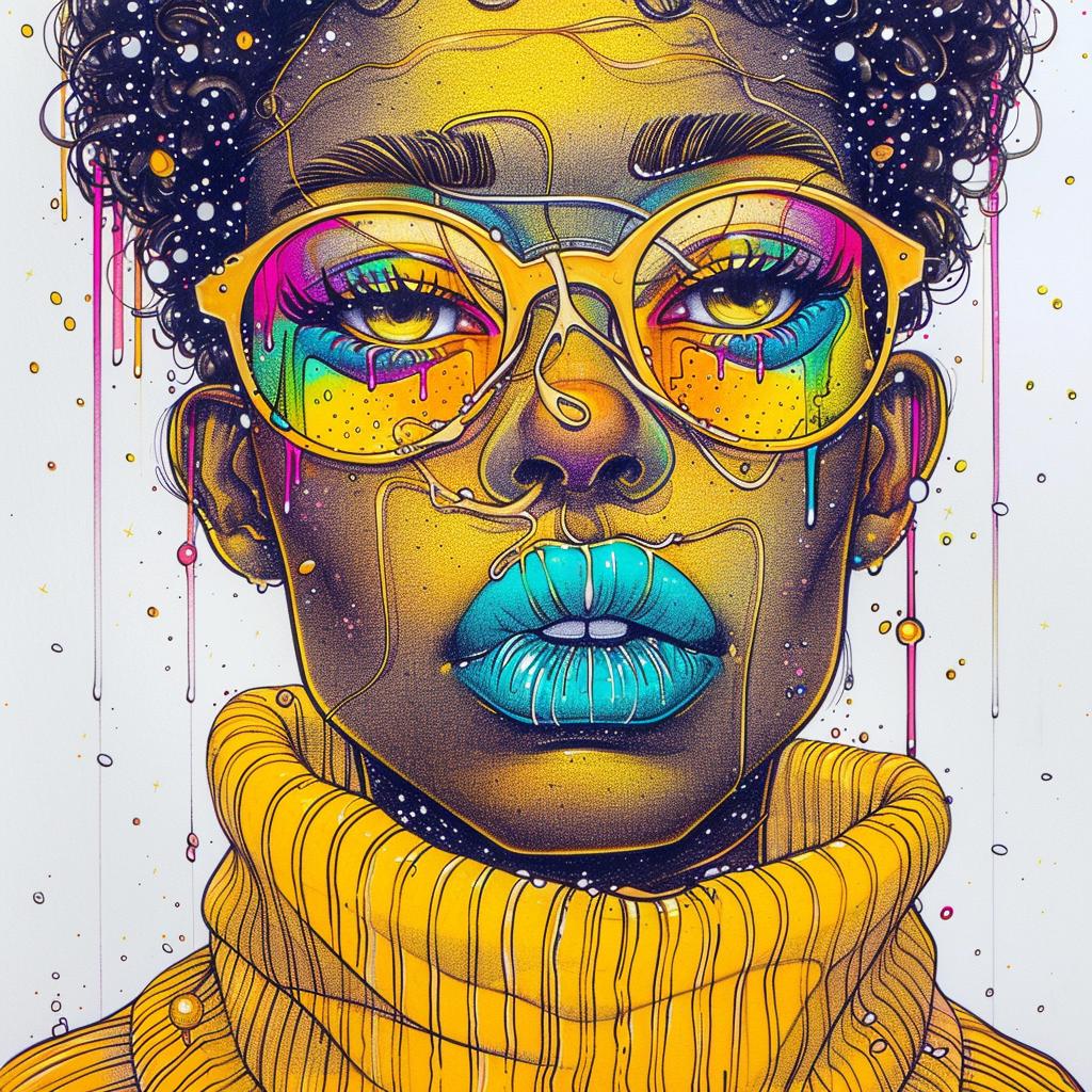 PopArt  colorful  glasses  yellowSweater  painting  AfricanAmerican  model  TroyBrooks  drippingMakeup  whiteBackground 939270