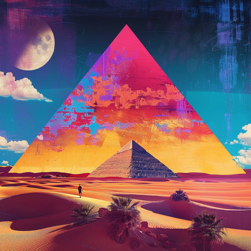 abstract  impressionism  pyramid  desert  synthwave  collage  clouds  graphic  Robert Rauschenberg  colorful 967945