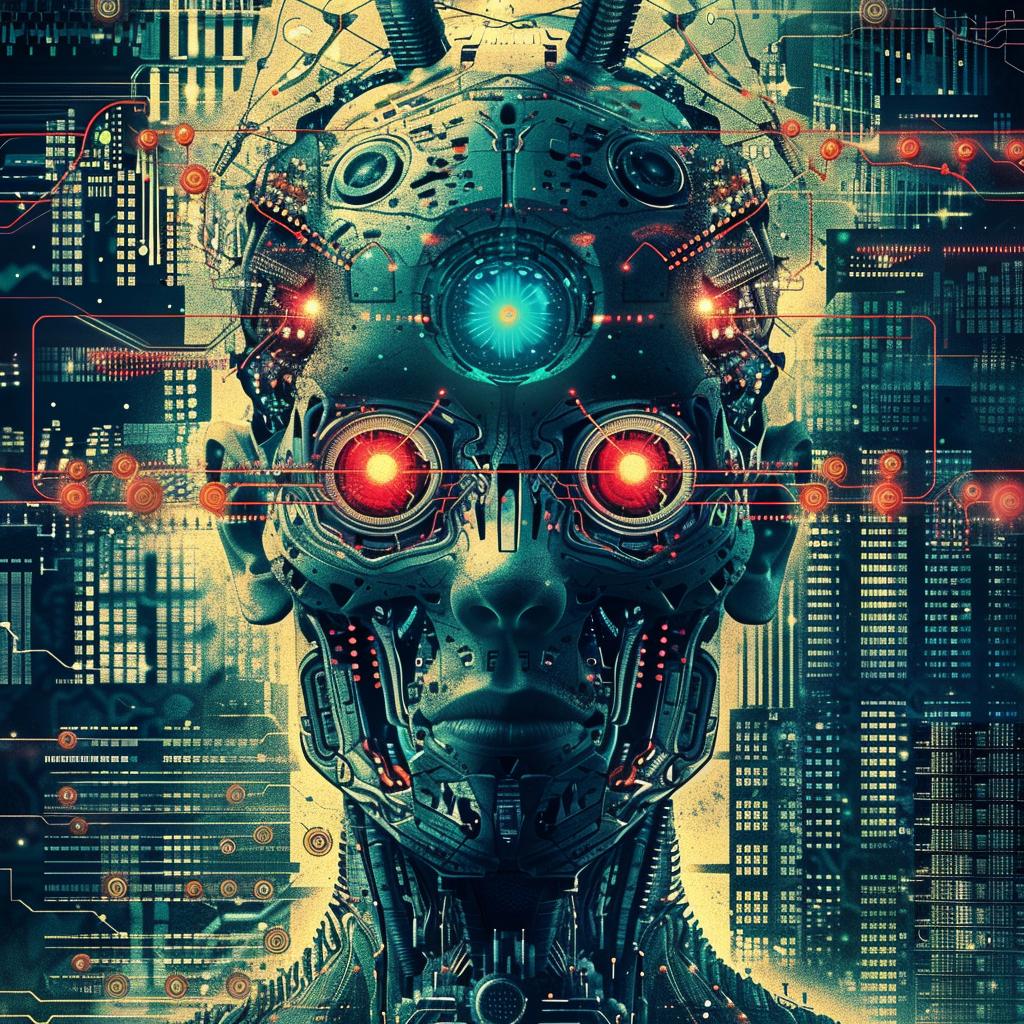 تصميم فني رقمي لرأس روبوت وجمجمة وعيون متوهجة وخلفية 944013