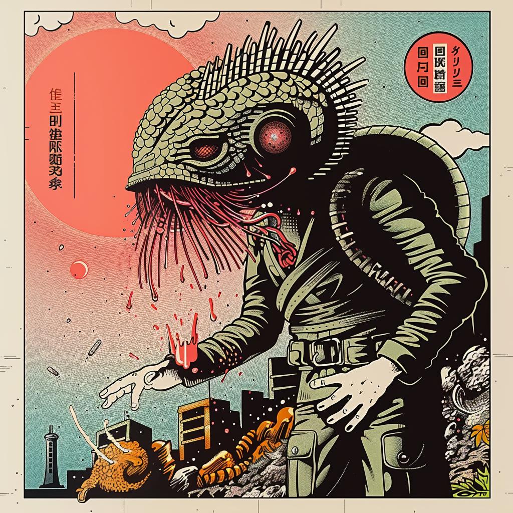 poster  monster  suit  gun  violent  artwork  Japanese  urban  dark  creative 947272