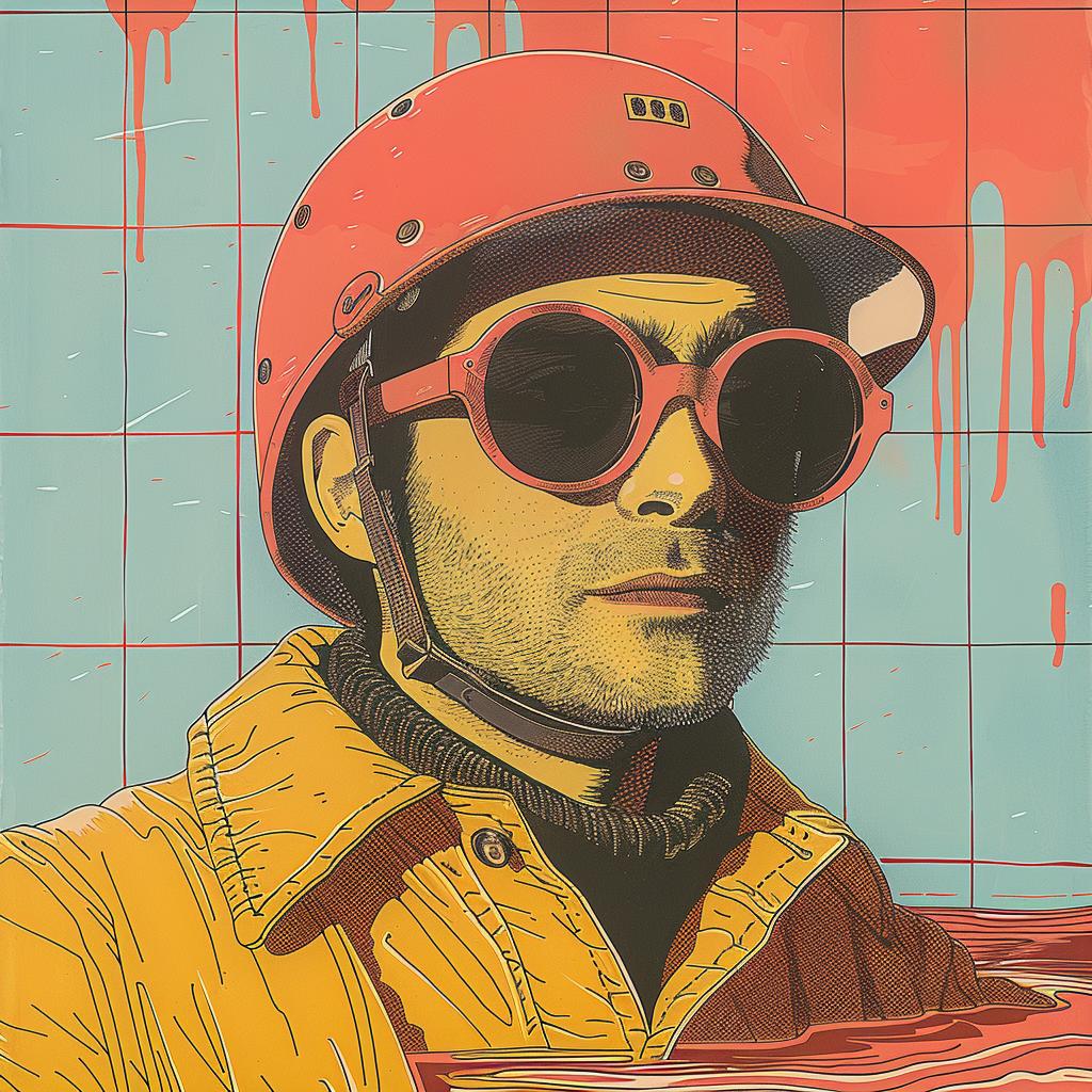 surreal  album  cover  painting  man  sunglasses  helmet  vibrant  whimsical  colorful 1018618
