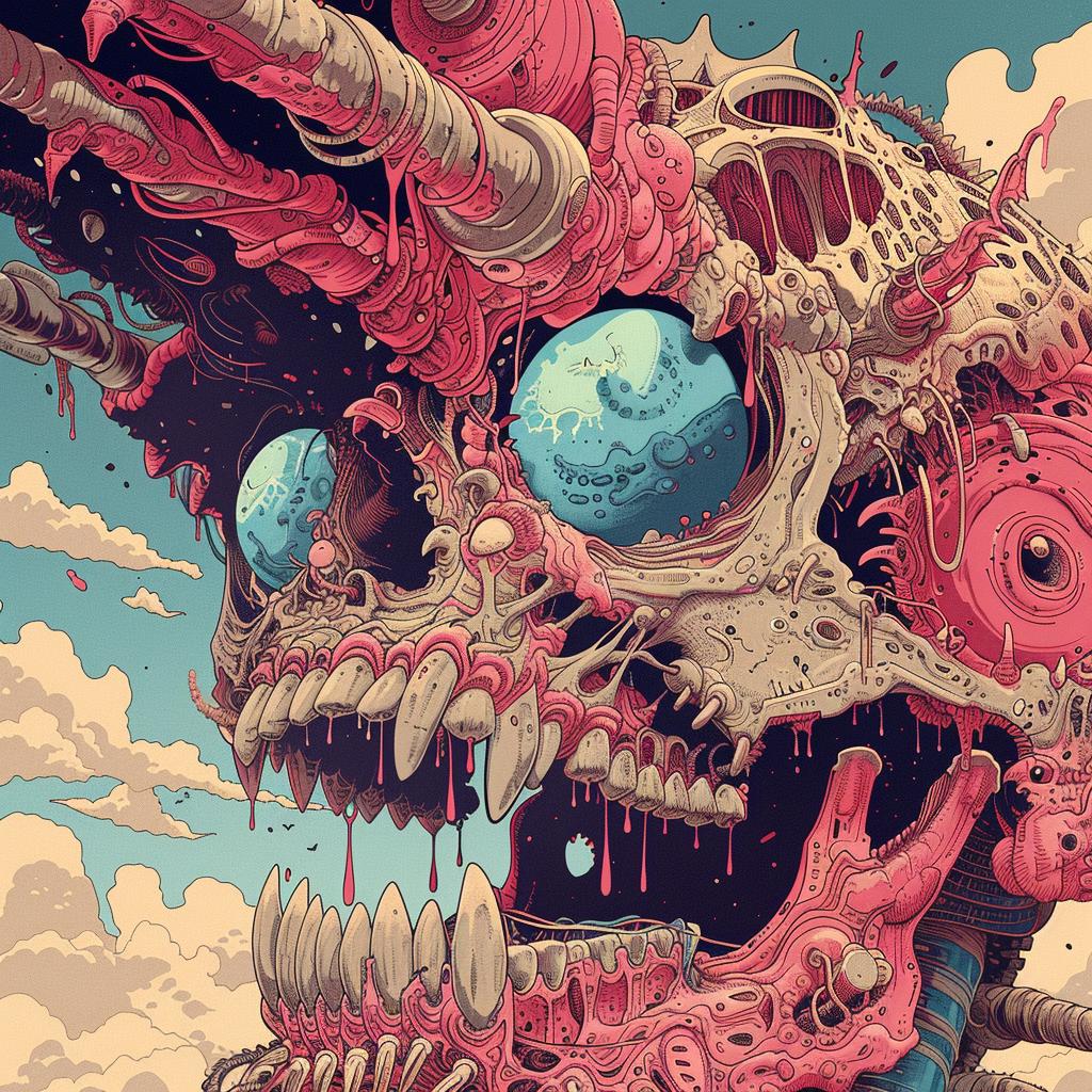 surreal  album  cover  skull  giant  head  pink  background  hyper-realistic  Nychos 960913