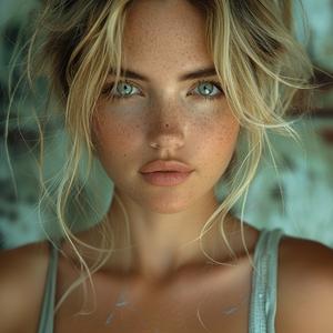 صورة امرأة شقراء واقعية، تصوير سينمائي، بشرة زرقاء، نمش، مجلة فوغ 1080094