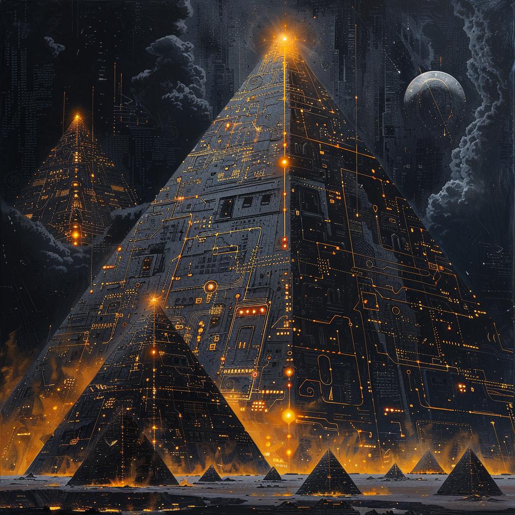sci-fi  2D  gouache  illustration  pyramids  moon  dark  epic  composition  black 922306