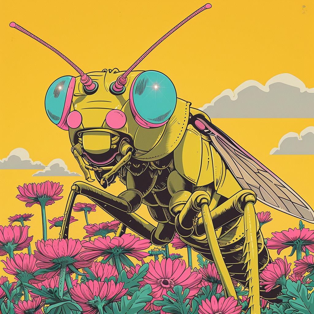 creative  surreal  grasshopper  flowerpunk  poster  yellow  insect  pink  flowers  whimsical 925313