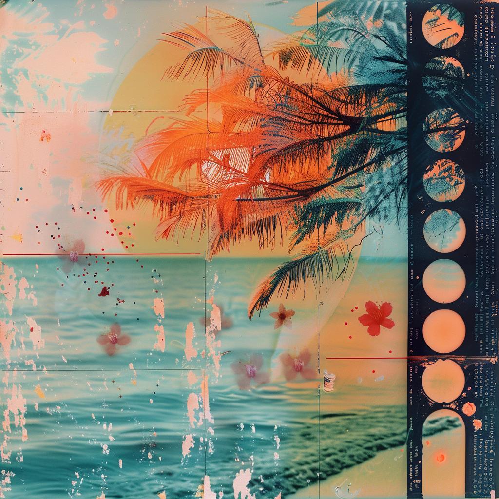 collage  peacock  bioluminescent  cherry  blossoms  aurora  tropical  beach  turquoise  Rauschenberg 1017045