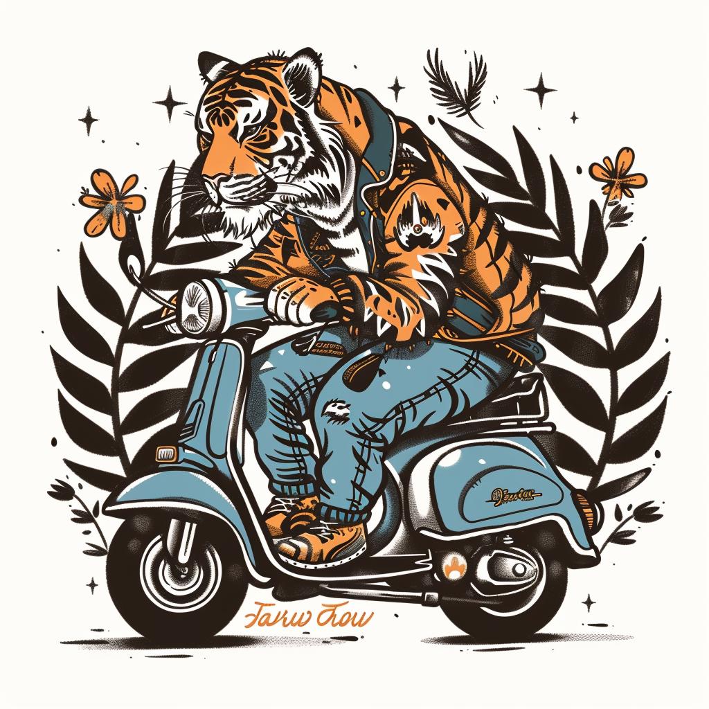 tiger  scooter  leaves  flowers  animal  transport  nature  vibrant  playful  illustration 943468
