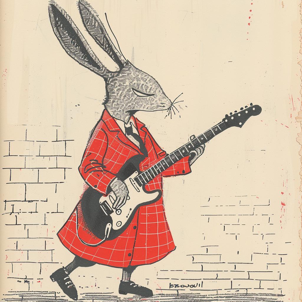 anthropomorphic  rabbit  guitar  Moebius  red  coat  music  performance  playful  cartoon 922691