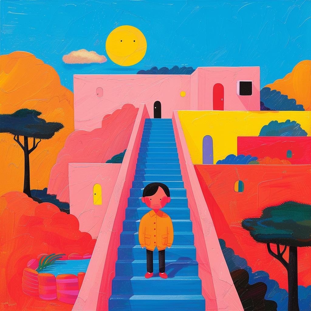 surreal  colorful  staircase  vibrant  man  house  album  cover  artwork  dreamlike 978576