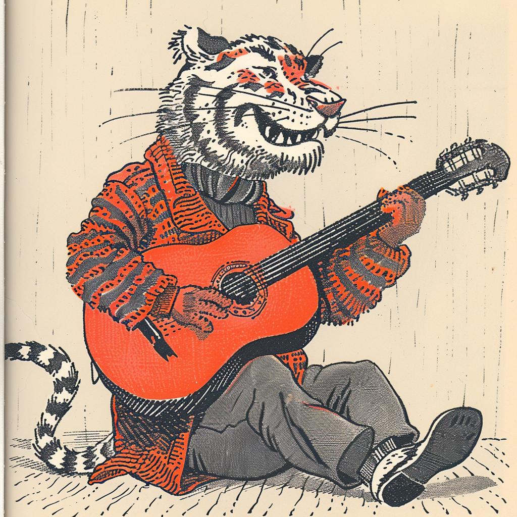 tiger  guitar  book  anthropomorphic  Moebius  Chris Bachalo  playful  colorful  music  illustration 922643