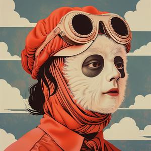 surreal  album  cover  panda  goggles  scarf  Risograph  Symbolist  hyper-realistic  screenprinting 1077619