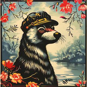 raccoon  hat  flowers  poster  nature  whimsical  art  cute  illustration  playful 1048377