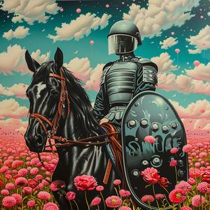 police  officer  horse  menacing  field  flowers  colorful  painting  artistic  symbolism 1037390