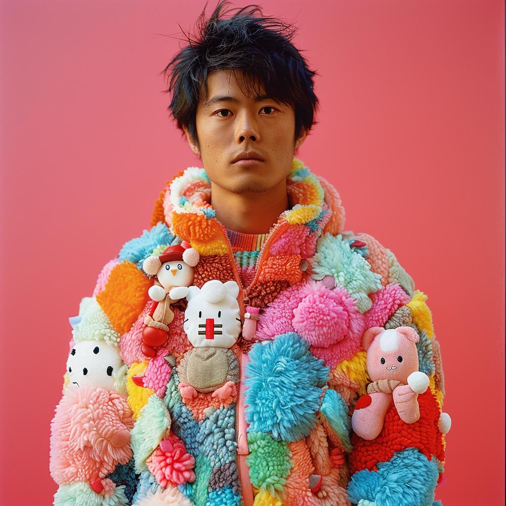 jacket  colorful  plush  toys  playful  fashion  model  whimsical  vibrant  creative 967634