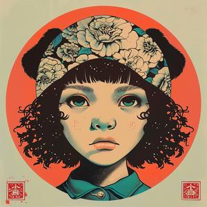 surreal  album  cover  girl  flower  headband  Risograph  Symbolist  hyper-realistic  screenprint 1077535