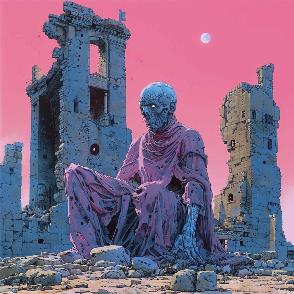 giant  warrior  temple  ruins  castle  pink  sky  mystical  dark  moebius 1021236
