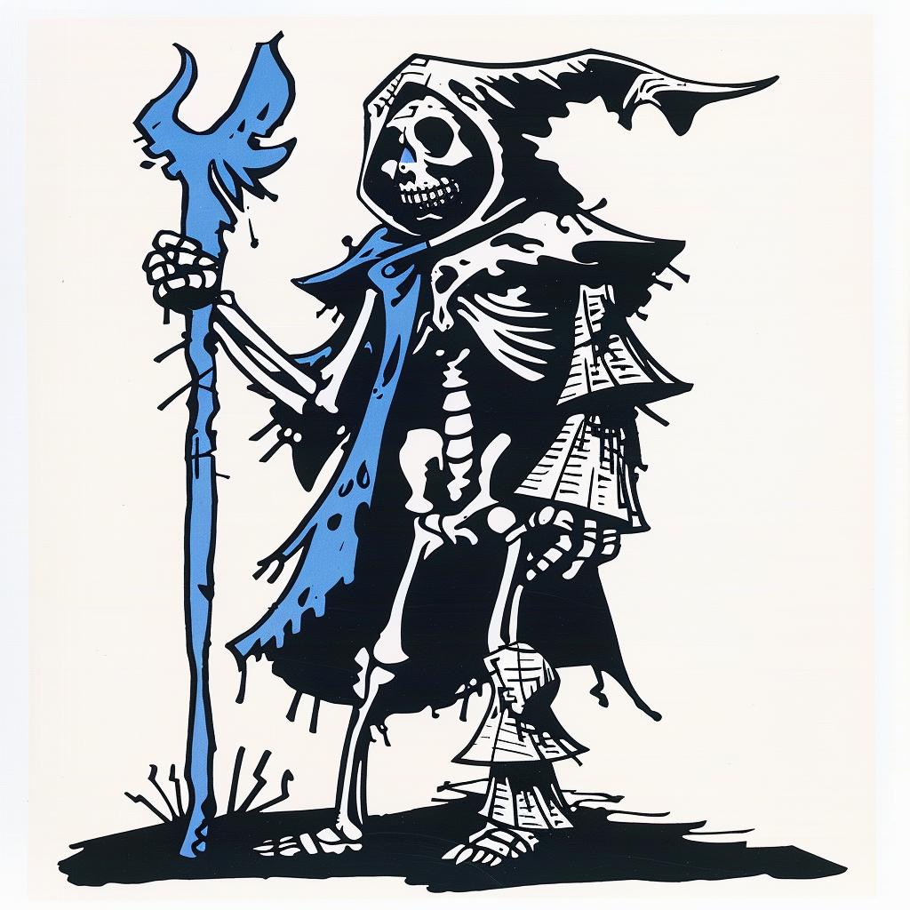 Grim  Reaper  skeleton  staff  blue  black  drawing  dark  mood  illustration 1028322