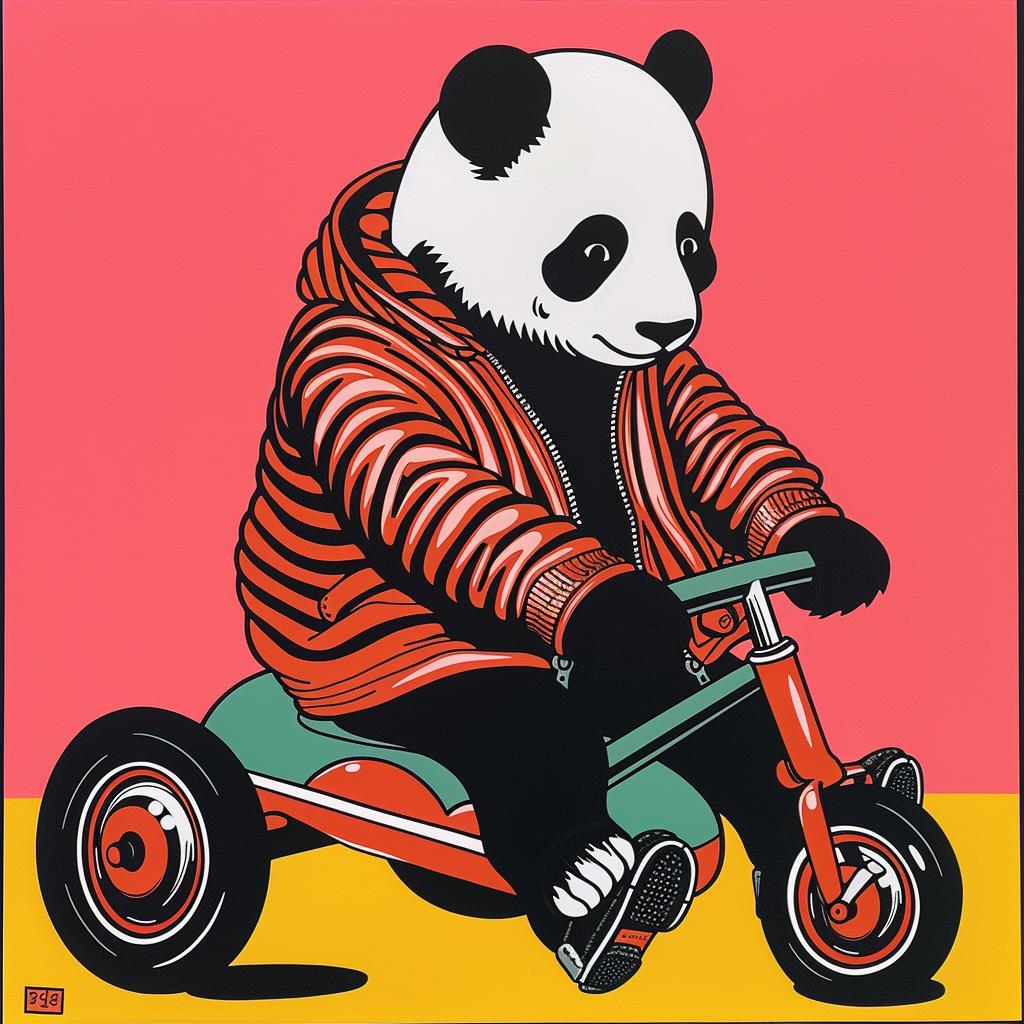 panda  tricycle  painting  cute  animal  whimsical  colorful  humorous  artwork  playful 1023389