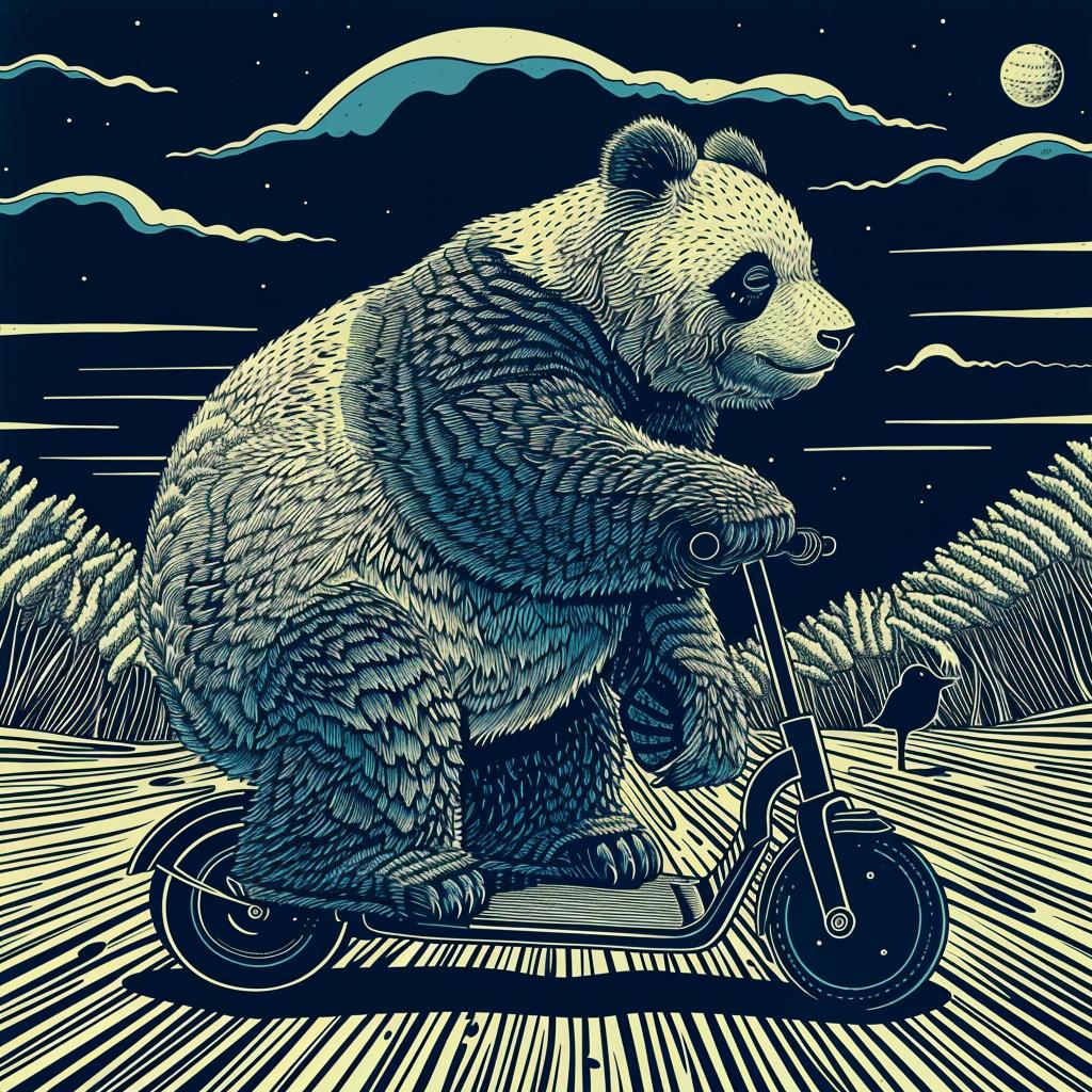 panda  scooter  night  humorous  animal  playful  urban  funny  adventure  cute 946928