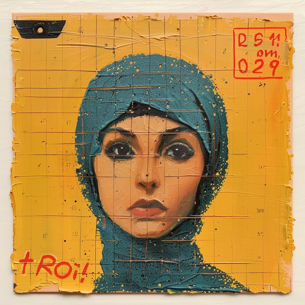 woman  blue  headscarf  encaustic  paint  impasto  Middle-Eastern  portrait  colorful  texture 1015876