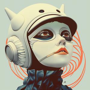 surreal  album  cover  woman  helmet  cat  hyper-realistic  screenprint  Mitsumasa  Anno 1074755