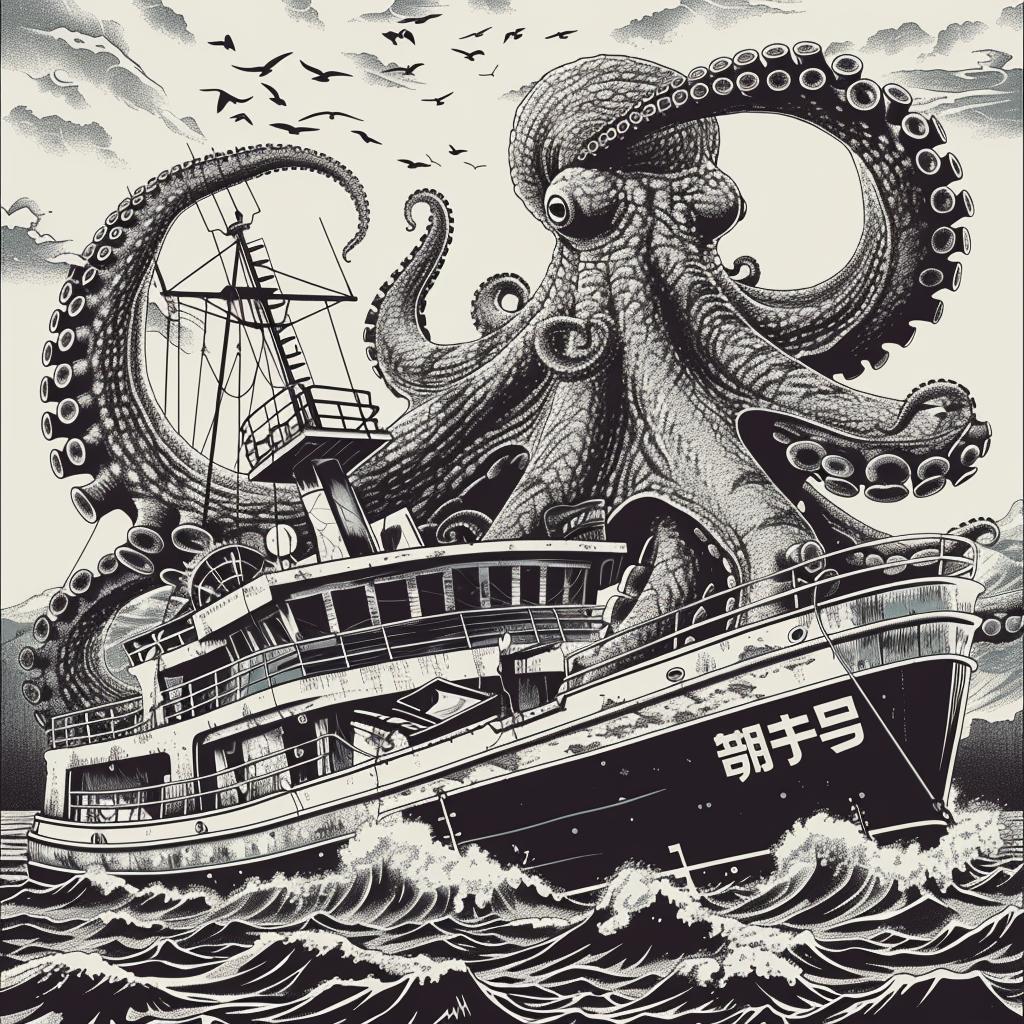 octopus  attack  fishing  boat  dramatic  marine  colorful  ocean  dynamic  illustration 947132