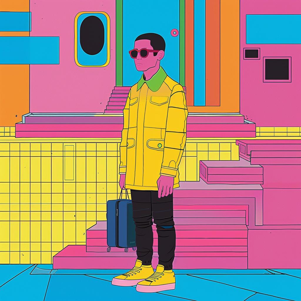 creative  surreal  album  cover  cyberpunk  man  jacket  suitcase  steps  art 977427