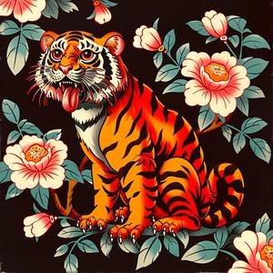 tiger  flowers  chromolithography  vibrant  nature  bold  background  wildlife  artwork  colorful 1048304