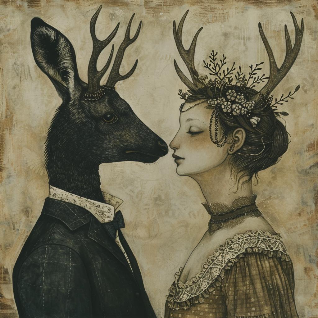 painting  deer  woman  antlers  nature  fantasy  surreal  art  decorative  whimsical 950109
