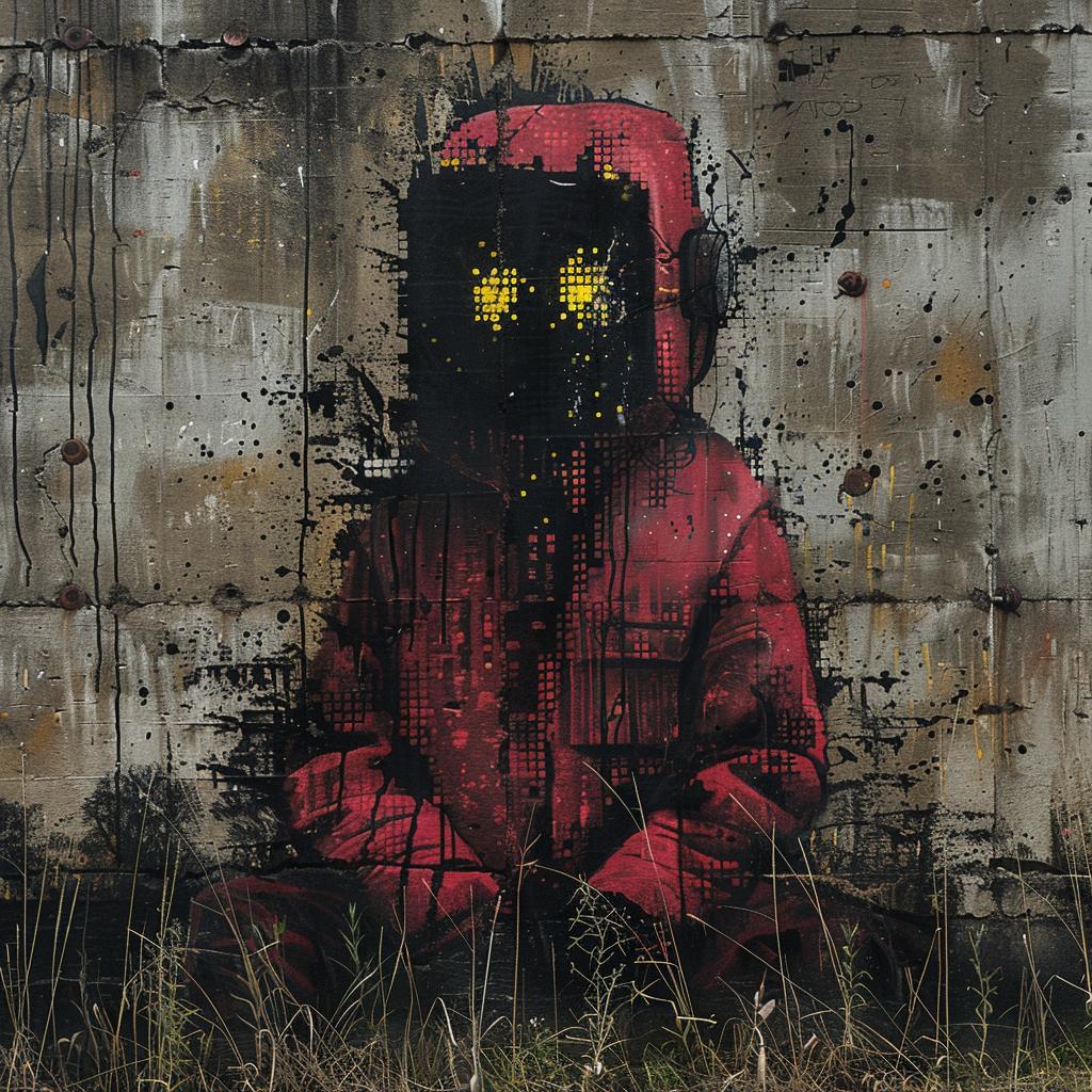 surreal  album  cover  hyper-realistic  screenprinting  man  red  jacket  field  Invader 960324