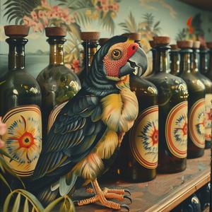 parrot  shelf  bottles  colorful  nature  playful  bird  chromolithography  whimsical  charming 1040126