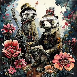 raccoons  garden  flowers  nature  chromolithography  whimsical  playful  colorful  vibrant  imaginative 1050328