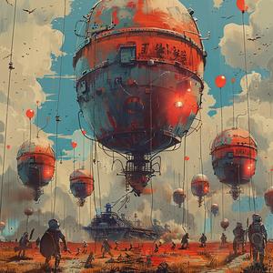 chromolithography  balloons  lightbulbs  Japanese  warriors  airborne  colorful  playful  whimsical  fantasy 1040415
