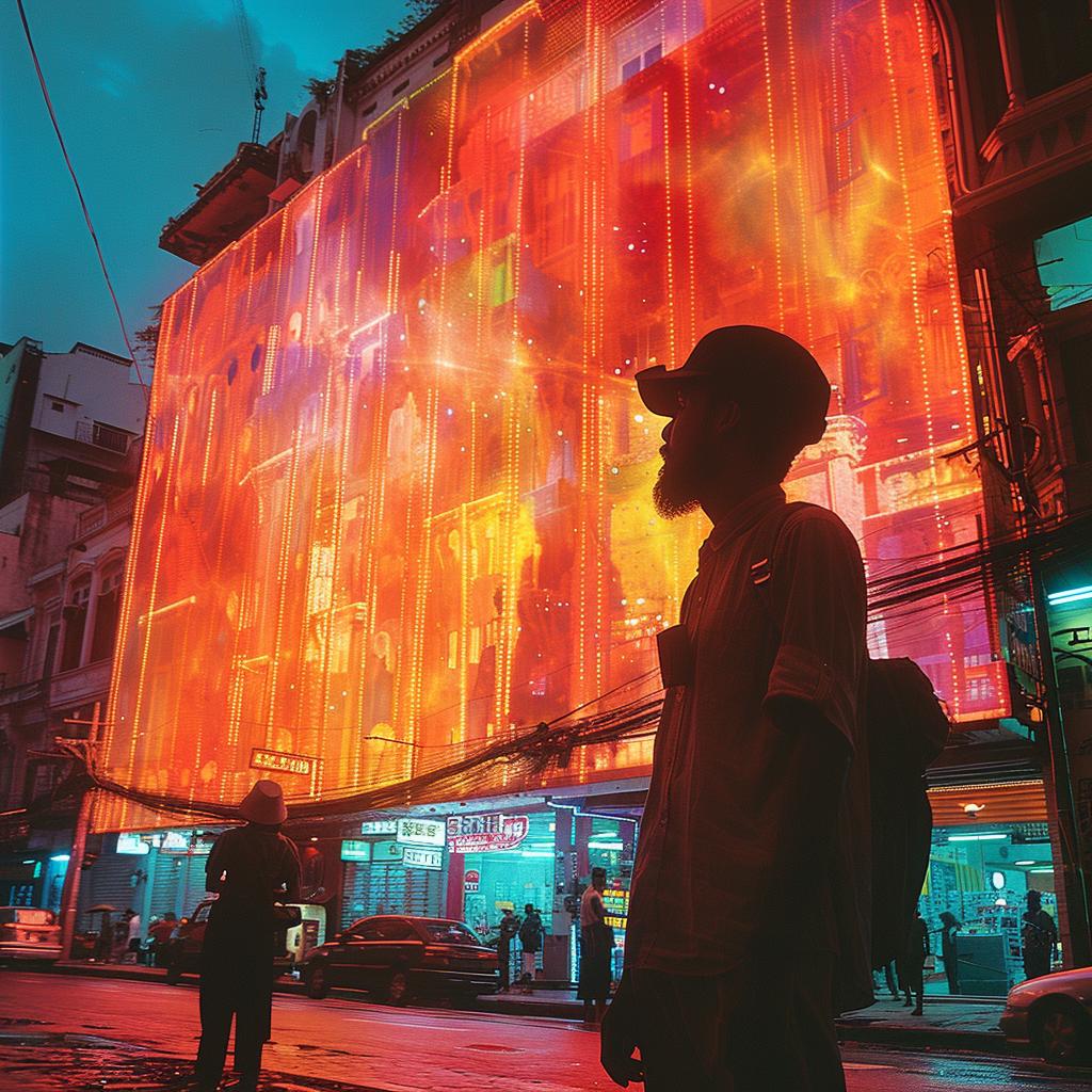 double  exposure  lifestyle  photo  neon  lights  urban  night  man  building 1030621