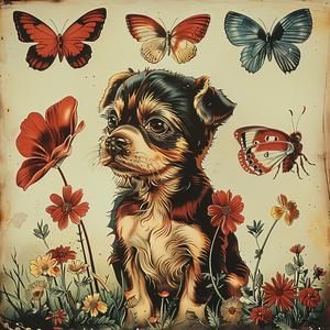 dog  butterflies  painting  chromolithography  colorful  animal  nature  artwork  illustration  whimsy 1050289